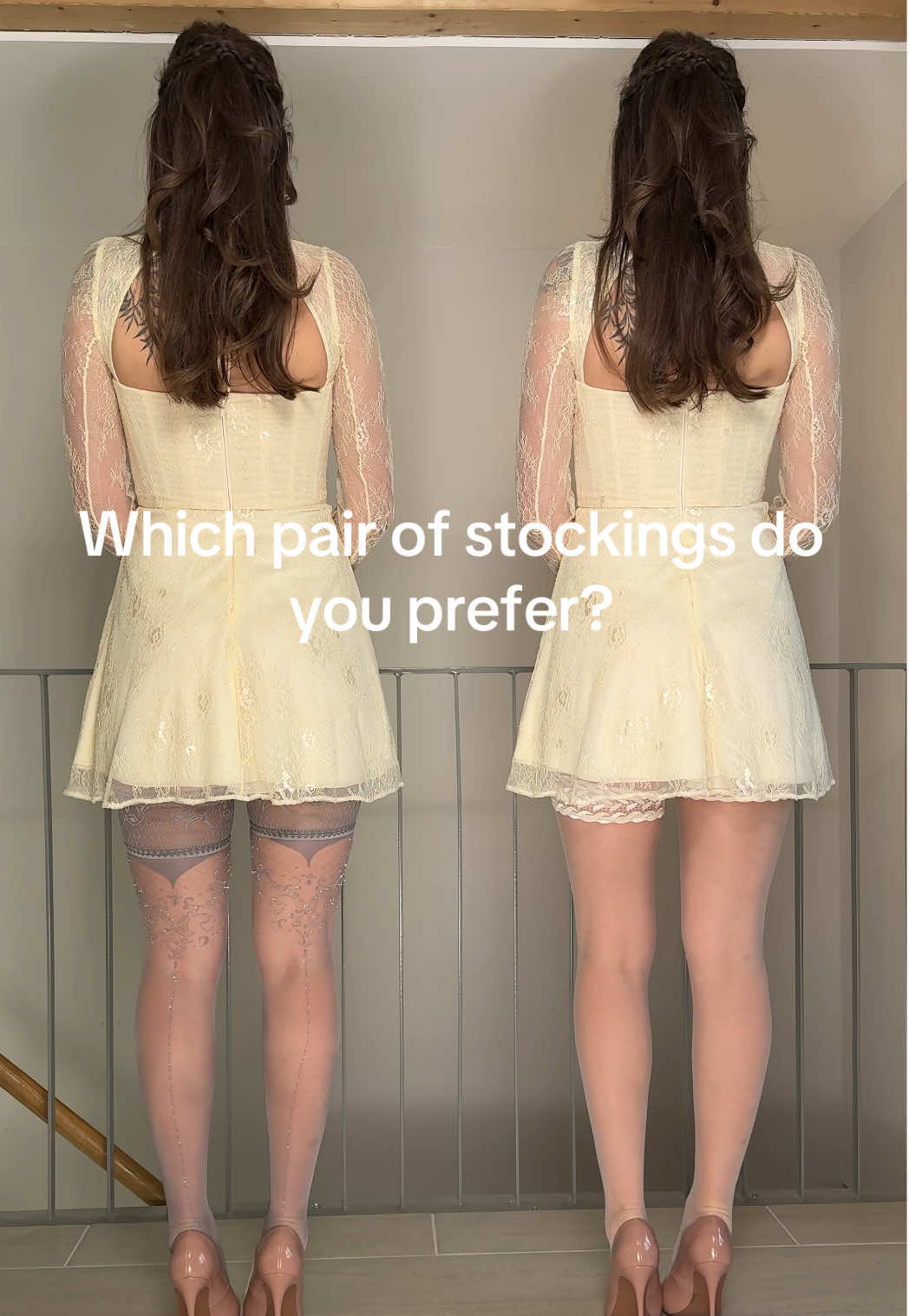 A post by @nylonbea on TikTok caption: Sparkly backseam (Gipsy) or super sheer cream (Falke)? 🤔 