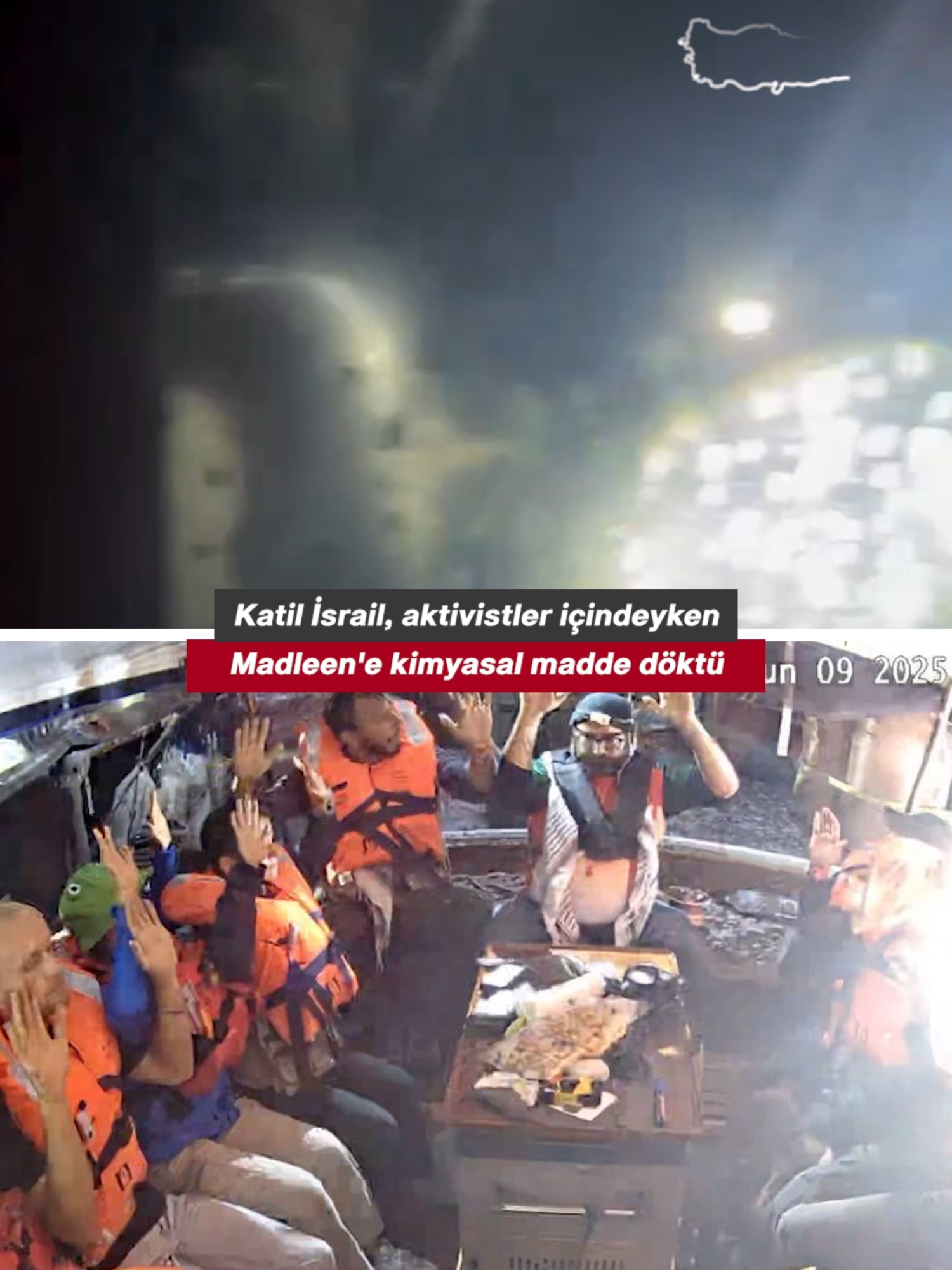 A post by @sabah on TikTok caption: İsrail ordusuna ait dronlar, Gazze'ye insani yardım ulaştırmayı amaçlayan Madleen gemisindeki aktivistlerin üzerine beyaz renkli kimyasal bir sıvı döktü.