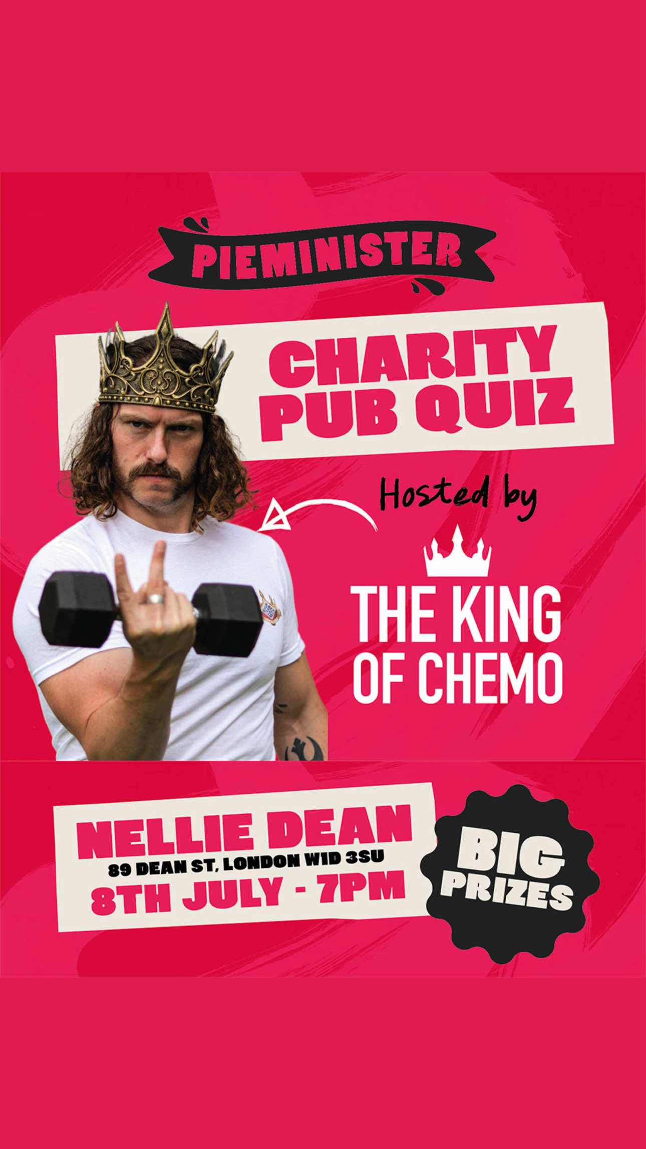 A post by @thekingofchemo on TikTok caption: Listen up, team I’m putting on a charity pub quiz at the Nellie Dean in Soho - there’s only 40 spots, £15 a ticket, and all the money’s going to the American Cancer Society. I’ve got terminal brain cancer but I’m still sharp as a pin (mostly) so why not join me in showing off your general and obscure knowledge? Hosted by the legends at @Pieminister, here’s what you can win: 🥇 A year’s supply of pies 🥈 A £100 bar tab 🥉 A tattoo of your choice on me  Come if you like questions, chaos and cancer fundraising. Tickets are on sale NOW through the link in bio.  Only 40 available. You coming? #charitywork #fundraising #foodiesoftiktok #londonlife #pies #pubquiz #mondaymood 