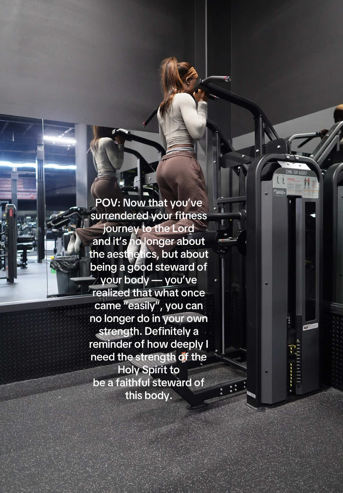 A post by @bodiedbyfia on TikTok caption: From vanity to honoring the Lord with my body…  lets talk about being stripped of allllll self-sufficiency. from waking up on time for the gym, to showing up and actually completing my workouts, to nutrition, etc. I literally cant do these things within my own strength anymore. Fully dependent on the Lord.. it has been an uncomfortable yet beautiful experience.. His grace is sufficent enough.🩶 ###gym##christaintiktok##gymtok##strength##bodiedbyfia##jesuslovesyou##surrender 