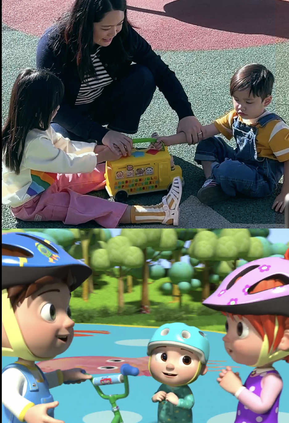 A post by @cocomelon on TikTok caption: Letting someone else hold their toy for two seconds = progress 🏆 #CoComelonCanHelp