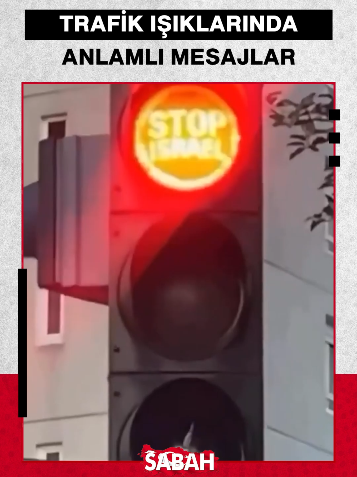 A post by @sabah on TikTok caption: İspanya'da trafik ışıklarına “İsrail’i Durdurun” ve “Gazze’ye Özgürlük” çağrıları yansıtıldı.