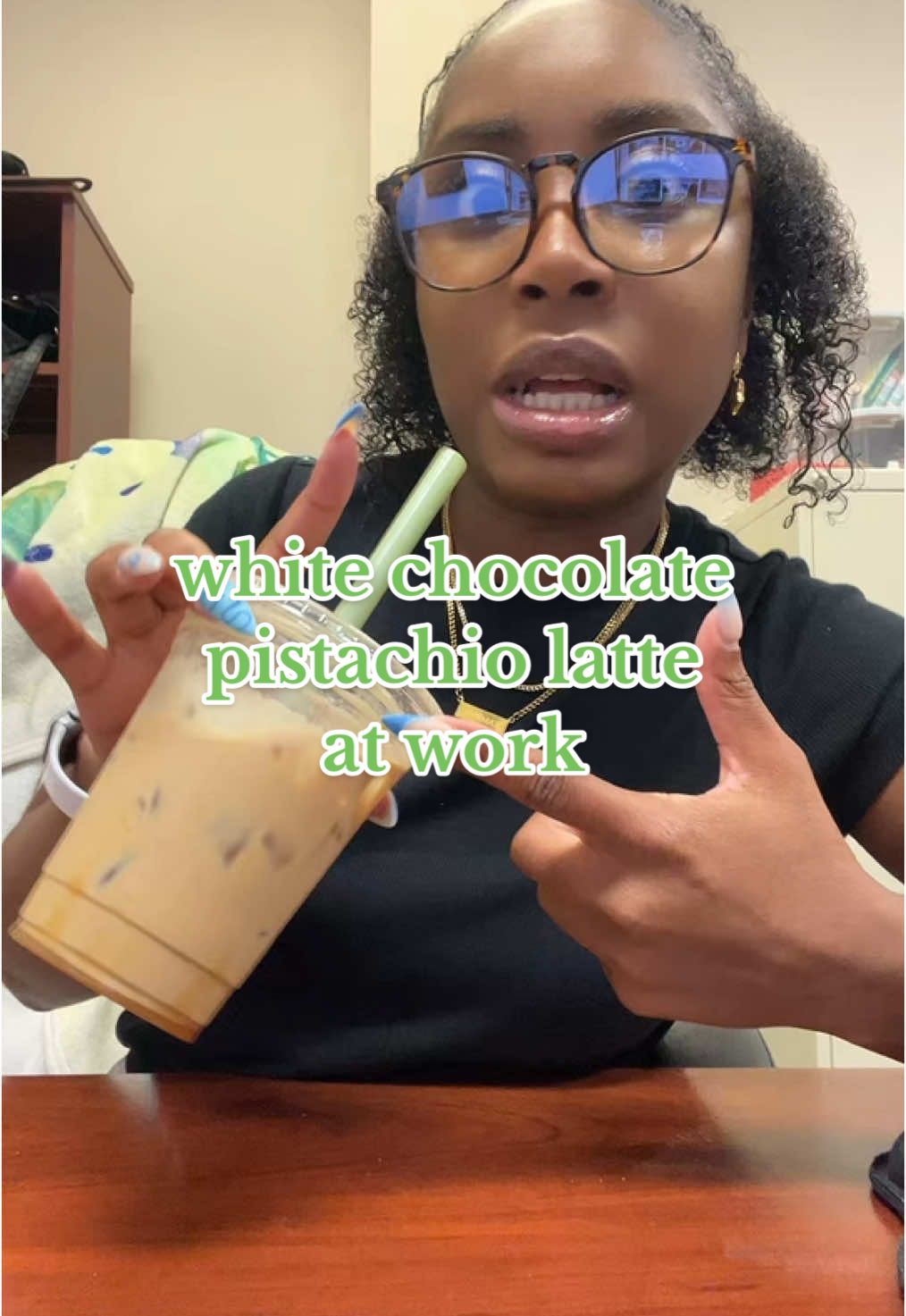 A post by @kmaeleee on TikTok caption: HAPPY MONDAY!  Make coffee with me AT WORK: white chocolate pistachio latte! 