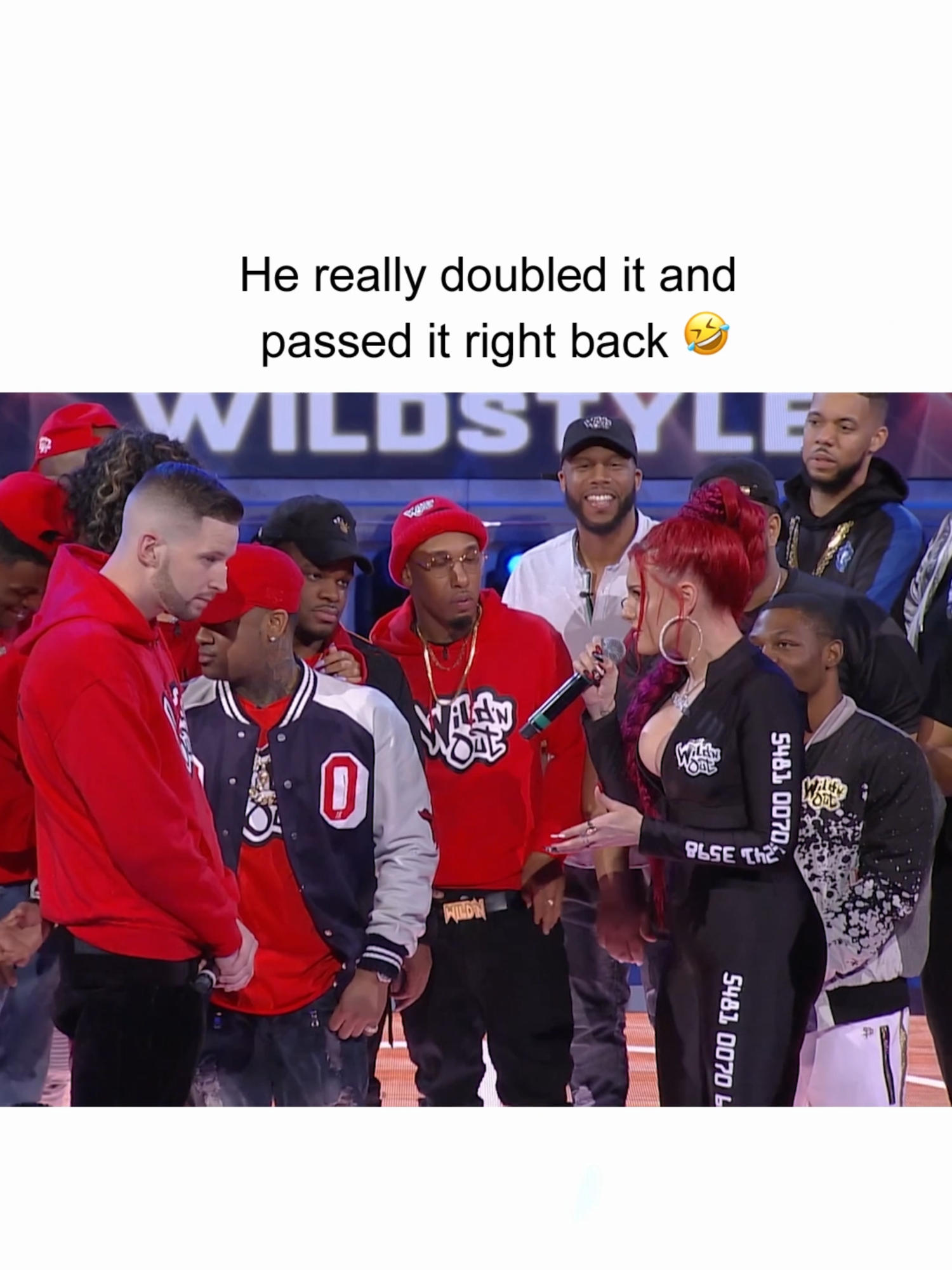 A post by @wildnout on TikTok caption: She hit a nerve 🤣 #WildNOut #wildstyle #justinavalentine #conceited #rap #rapper #rappers #jokes #funny #roast #roasted #lol