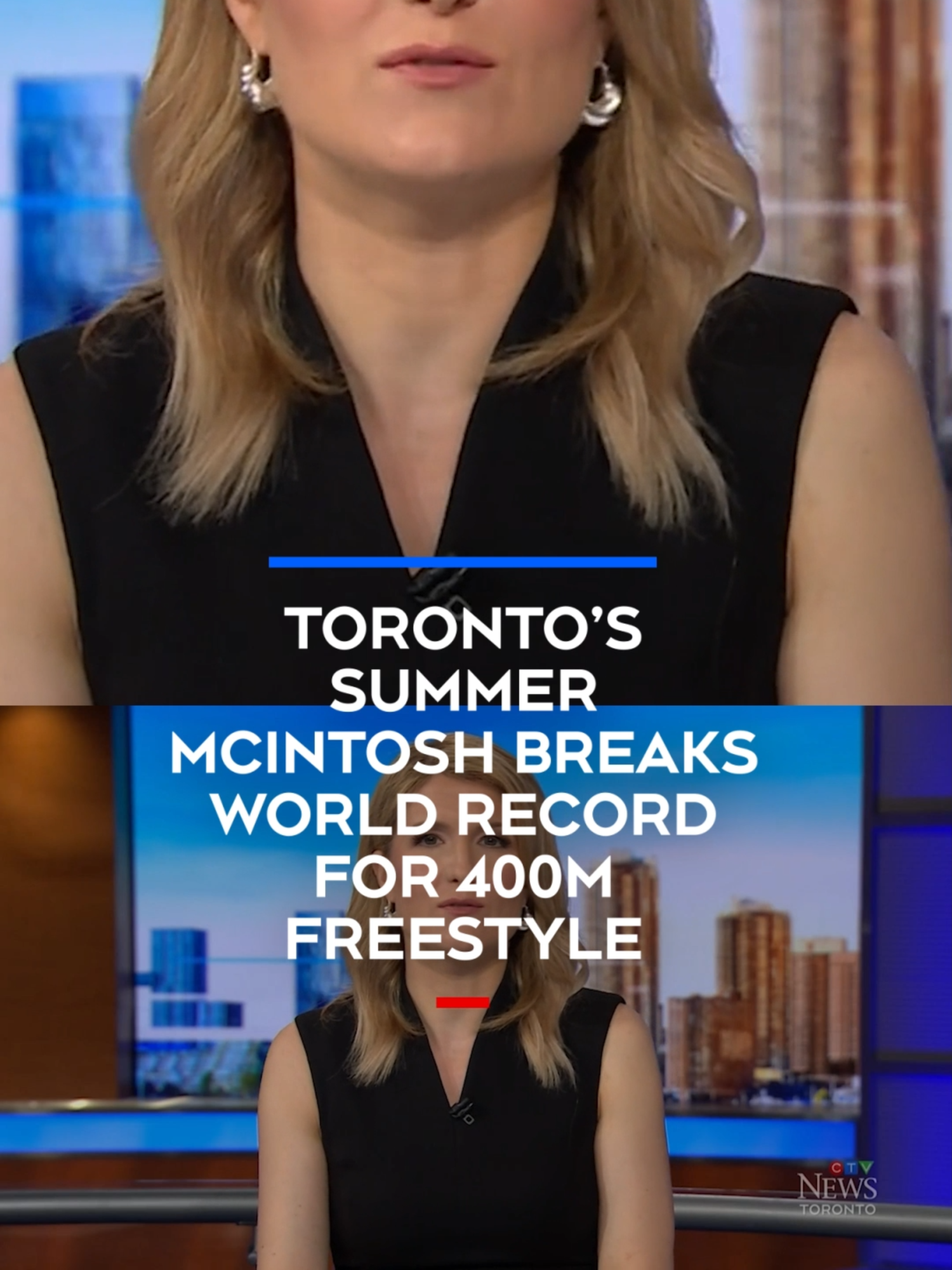 A post by @ctvnewstoronto on TikTok caption: Toronto’s Summer McIntosh breaks world record for 400m freestyle Eighteen-year-old Summer McIntosh has now attained her fourth world record after she ‘demolished’ the previous 400m freestyle record.