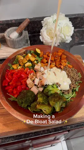 A post by @benjixavier on TikTok caption: De-Bloat Salad! 🥗✨ Save this recipe for the next time your belly’s feeling bloated..light, refreshing, and packed with flavor! 💚 Ingredients: 🌿 Arugula 🍠 Sweet potato 🍚 Quinoa 🥒 Zucchini 🌶️ Red bell pepper 🥦 Broccoli 🍗 Grilled chicken Dressing: 🥄 ½ cup nonfat Greek yogurt (or lactose-free) 🧄 3 tbsp roasted garlic hummus 🍎 1 tsp apple cider vinegar 🧂 ½ tsp salt 💧 3-4 tbsp water (to loosen) Quick Steps: 🔥 Preheat oven to 425°F 🔪 Chop veggies, season with garlic & onion powder, paprika, and salt 🍽️ Roast 30-35 mins while cooking quinoa 🥗 Toss everything together & enjoy that bloat-be-gone magic! ✨ Save it, share it, and keep your gut happy! 🙌💥 Disclaimer: This recipe is for general wellness and is not medical advice. Please consult a healthcare professional for personalized guidance.