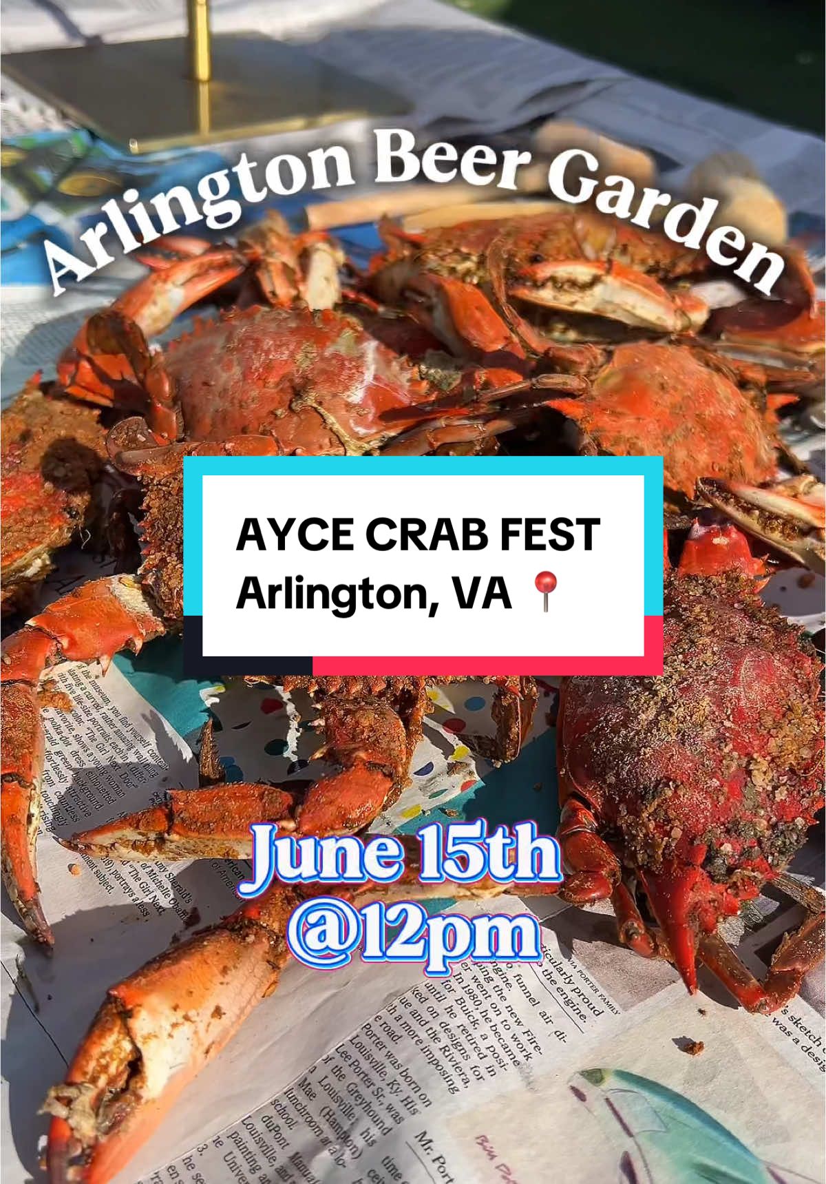 A post by @dasseats on TikTok caption: It’s an AYCE Crab Affair ✨ Don’t miss out on the best crab experience for Father’s Day weekend in the DMV! Grab tickets for the All-You-Can-Eat Crab Fest on 6/15 at Arlington Beer Garden 🦀 Tickets include ayce crabs, fried fish, and sides! It’ll be great vibes with food, music, drink towers, beer buckets, and even games.  Tix 🔗 in my bio 🧡 Arlington Beer Garden  3217 10th St N Arlington, VA 22201  #aycecrabs #beergarden #dmvthingstodo #nova #arlingtonva #fathersdaybrunch #crabfestival