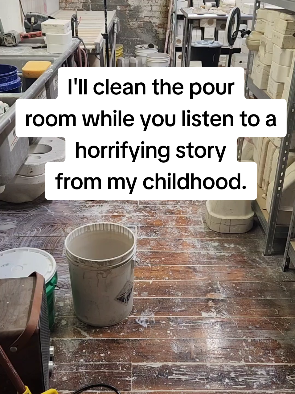 A post by @thedepressedceramicist on TikTok caption: Cleaning the pour room accompanied by a story from my childhood. www.artroomusa.com #theartroomsedaliamo #mysterymolds #mysterymold #ceramics #ceramicstudio #slipcast #ceramicshop #smallbusiness #sedaliamo #satisfying #CleanTok 