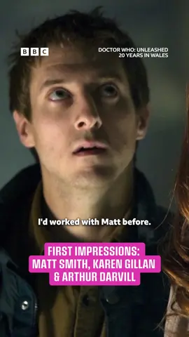 A post by @bbc on TikTok caption: Just three playful puppies on set 🐶  #DoctorWho #Unleashed #20YearsInWales #MattSmith #KarenGillan #ArthurDarvill #11thDoctor #Set #Filming Karen Gillan and Arthur Darvill reminisce about filming Doctor Who with Matt Smith.