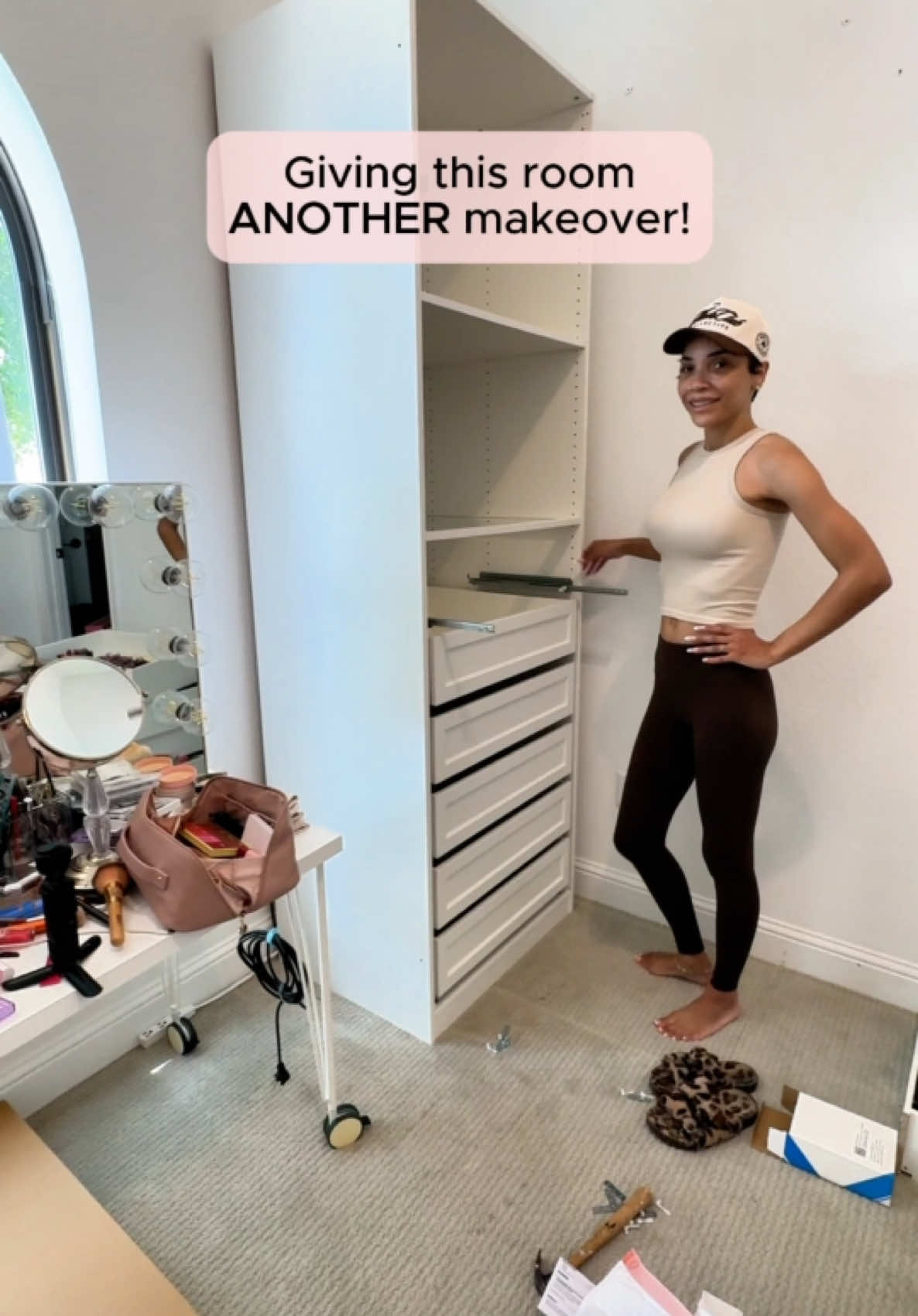 A post by @ravenelysetv on TikTok caption: Making over my makeup room… AGAIN! 😅😭 Okay but forreal this time guys!! 👀 Follow for part 2! #glamroom #makeuproom #makeupvanity #ikeapax