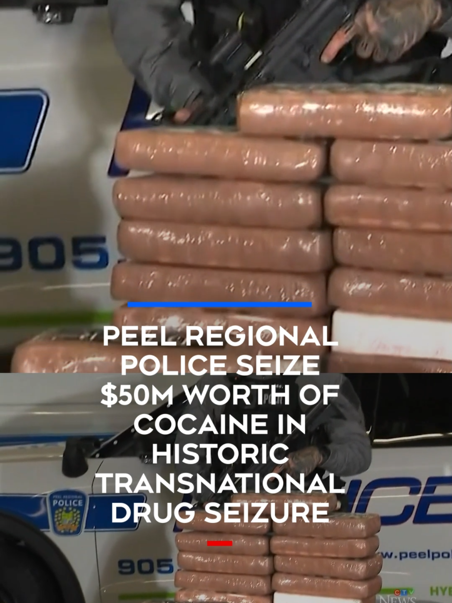 A post by @ctvnewstoronto on TikTok caption: cfto- drug bust peel region finalPeel Regional Police seize $50M worth of cocaine in historic transnational drug seizure Peel Regional Police hold a press conference on ‘project pelican’ that led to nine arrests and the seizure of nearly 500 kilograms of cocaine.