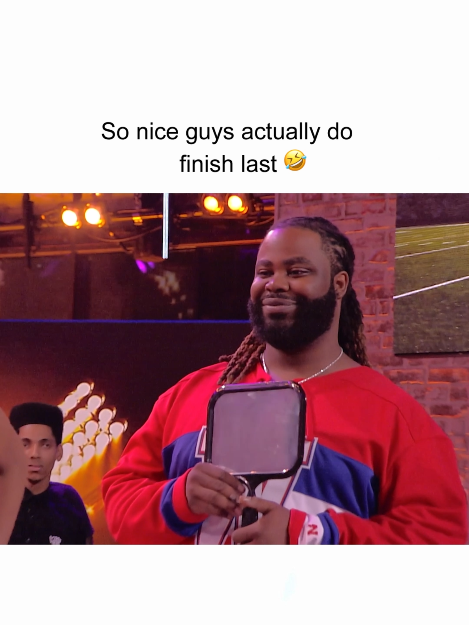 A post by @wildnout on TikTok caption: Close but not close enough 🤣 #WildNOut #letmeholla #darrenbrand #jokes #funny #roast #roasted #flirt #flirting #pickupline #pickuplines #fail #lol