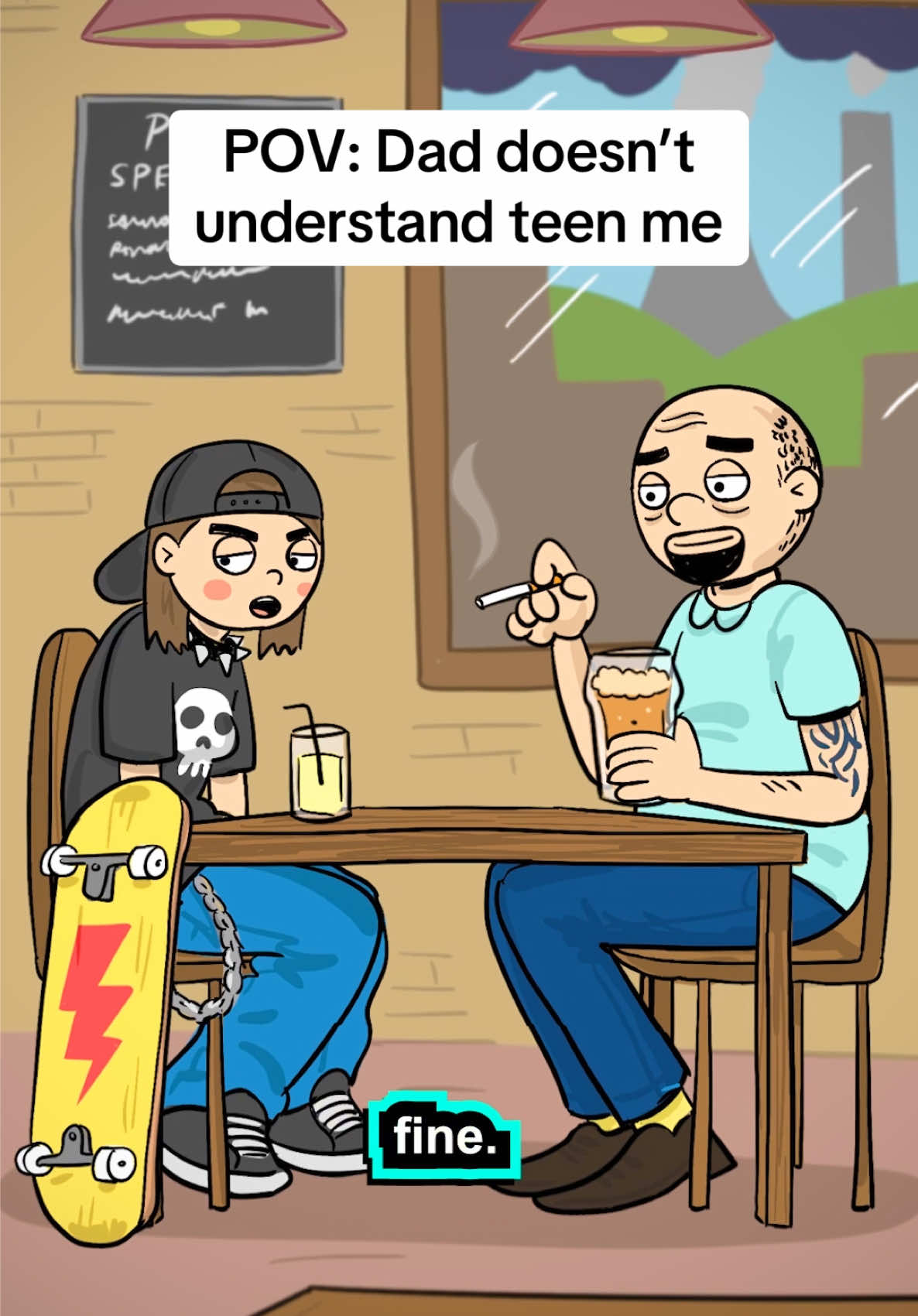 A post by @lewishancoxfilms on TikTok caption: My Dad and I are proof it’s never too late to get it right. “It’ll all be reet”. <3 #pride #fathersday #dad #trans #animation #cartoon #comedy #2000s #y2k #lgbt #fyp 