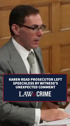 A post by @lawandcrime on TikTok caption: WATCH: As Hank Brennan was about to cross-examine Dr. Elizabeth Laposata on Tuesday morning, he was left speechless when Laposata called him out for wishing her a good afternoon with six minutes still remaining until noon. People in the courtroom were seen smiling and holding back laughter as Brennan stood at the podium in silence and simply said, “That’s okay.” #awkward #shocking #trial #livetrial #caughtoncamera #truecrime #Truecrimecommunity #karenread #boston #Karenreadtrial