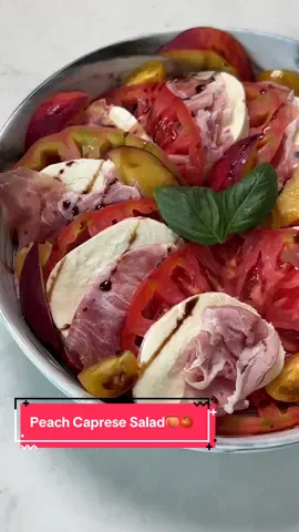 A post by @arielwinter on TikTok caption: Figuring out how to eat this was a challenge but it slapped nonetheless!!!  Peach Caprese Salad🍑🍅 Heriloom Tomatoes Peaches Baby Yellow Tomatoes Mozzarella Prosciutto Basil Leaves Salt Flecks Balsamic Vinegar Of Modena (I loveeee Fini) Slice the heirloom tomatoes thin, peaches into wedges, baby yellow tomatoes in half and mozzarella. Arrange everything the way you’d like on the plate and sprinkle salt flecks over it all. Then drizzle the balsamic and enjoy! :)  #creatorsearchinsights #capresesalad #summersalad 
