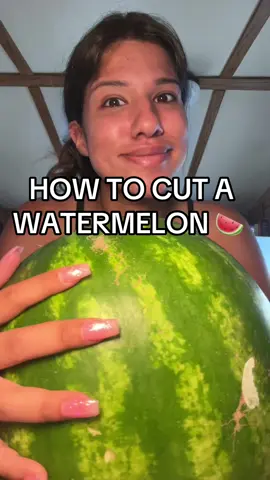 A post by @arimonika on TikTok caption: How to cut a watermelon 🍉 #imyourmomnow #watermelon #watermelonrecipes #summerrecipes #howtocutfruit #cuttingfruit #watermelondish #easytutorial #fyp #teenrecipe 