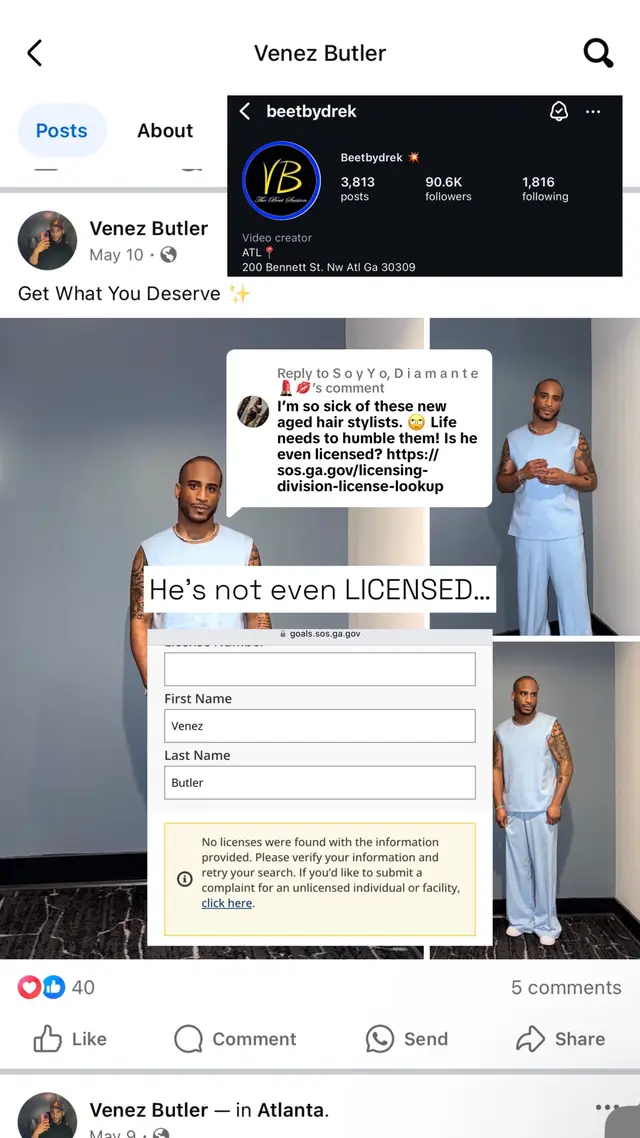 A post by @thequeenofatlanta on TikTok caption: Replying to @S o y Y o, D i a m a n t e💄💋  so now i have to press charges, report this to Suites of Buckhead (where he works in suite 40) & call the state of Georgia! WHEW CHILE.. #fyp #foryou #atlhairstylist 