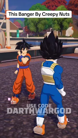 A post by @darthwargod on TikTok caption: This song lives rent free 😍 #mirage #creepynuts #fortnite #dragonball #goku #vegeta #anime #emote 