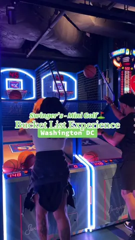 A post by @morgsvstheworld on TikTok caption: ⛳️Bucket List Idea - DC: Swinger’s @Swingers - Crazy Golf Club ⛳️ 📍 DuPont Circle, DC 📆 open Tues-Sun ⏰ hours vary per day 💰$10pp - carnival games 💰$24pp - mini golf  Now this isn’t my first time to Swinger’s, but definitely my most favorite! The carnival games are so entertaining to enjoy before teeing off. They did not mess with these new cocktails, and the food is a nice starter to get you pumped for your golf course experience! #dupontcircle #thingstododc #washingtondc #visitdc 
