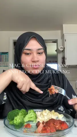 A post by @sharmineats on TikTok caption: For lunch it was white cheddar mac & cheese, air fried salmon, and steamed broccoli! 🥦 🍣🍝 I was so hungry I needed to take a few bites before I could talk 😂 also I said bismillah in my head, don’t worry guys. 