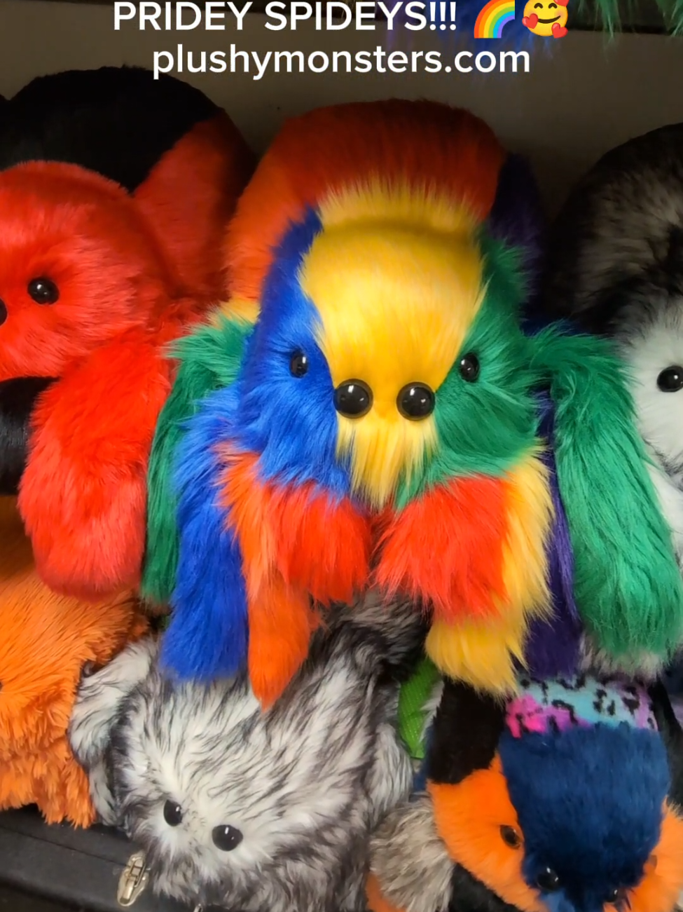 A post by @plushymonsters on TikTok caption: HAPPY PRIDE, EVERYONE!!! 🥰🌈 I remembered to make Pridey Spideys this year! Go me! 😆 I also went real far down the Pridey Spidey-erling (😬) rabbit hole and ended up with sooo many designs. I REGRET NOTHING! They turned out so freaking cute! 🥰🥰🥰 Sorry if your flag isn't represented (I bought these designs instead of designing them myself due to time constraints, but I have more ideas for next year! Or possibly later this month if I'm left to my own devices! 😁), but we also have so, so many rainbow babies to choose from too! 🥰 Oh! I almost forgot to mention that all of the Spiderlings are $35.00 plus shipping. 😁 All of these brightly colored dudes will be available this Saturday, June 14th, 2025, 11:00 a.m. MDT, at plushymonsters.com! 😁 HURRAH! 🥰 #plushymonsters #hatchingday #spiderpile #happypridemonth 