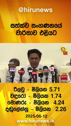 A post by @hirunews on TikTok caption: සත්ත්ව සංගණනයේ වාර්තාව එළියට...රිලවු - මිලියන 5.71, වඳුරෝ - මිලියන 1.74, මොණරු - මිලියන  4.24, දඬුලේන්නු - මිලියන  2.26 - Hiru News #Hirunews #longervideo #TruthAtAlICosts #TikTokTainment #WhatToWatch
