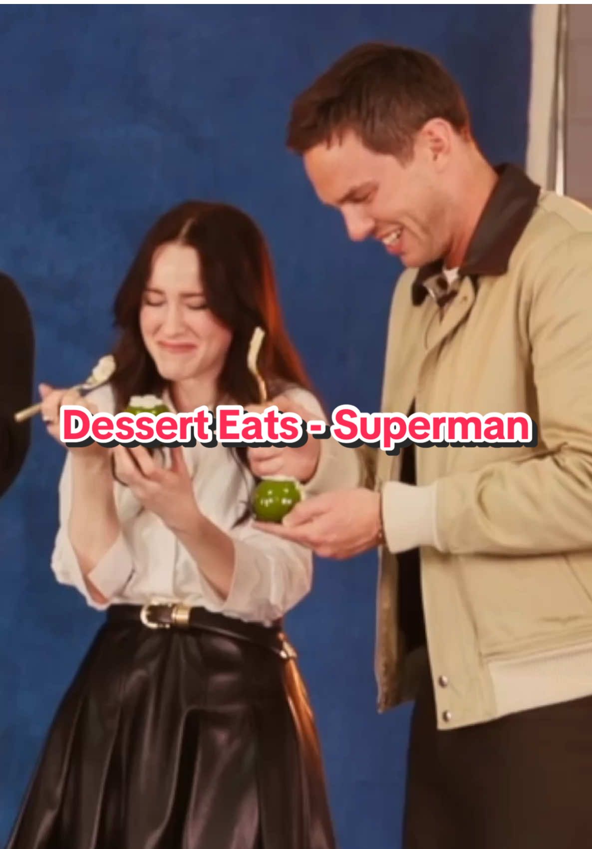 A post by @tom on TikTok caption: #WBPartner Trying Viral Kryptonite Desserts with the Cast of Superman! 😋 Tickets just dropped so don’t miss Superman in cinemas July 10th!@warnerbrosanz @Superman #superman #foodreview #davidcorenswet #rachelbrosnahan #nicholashoult 