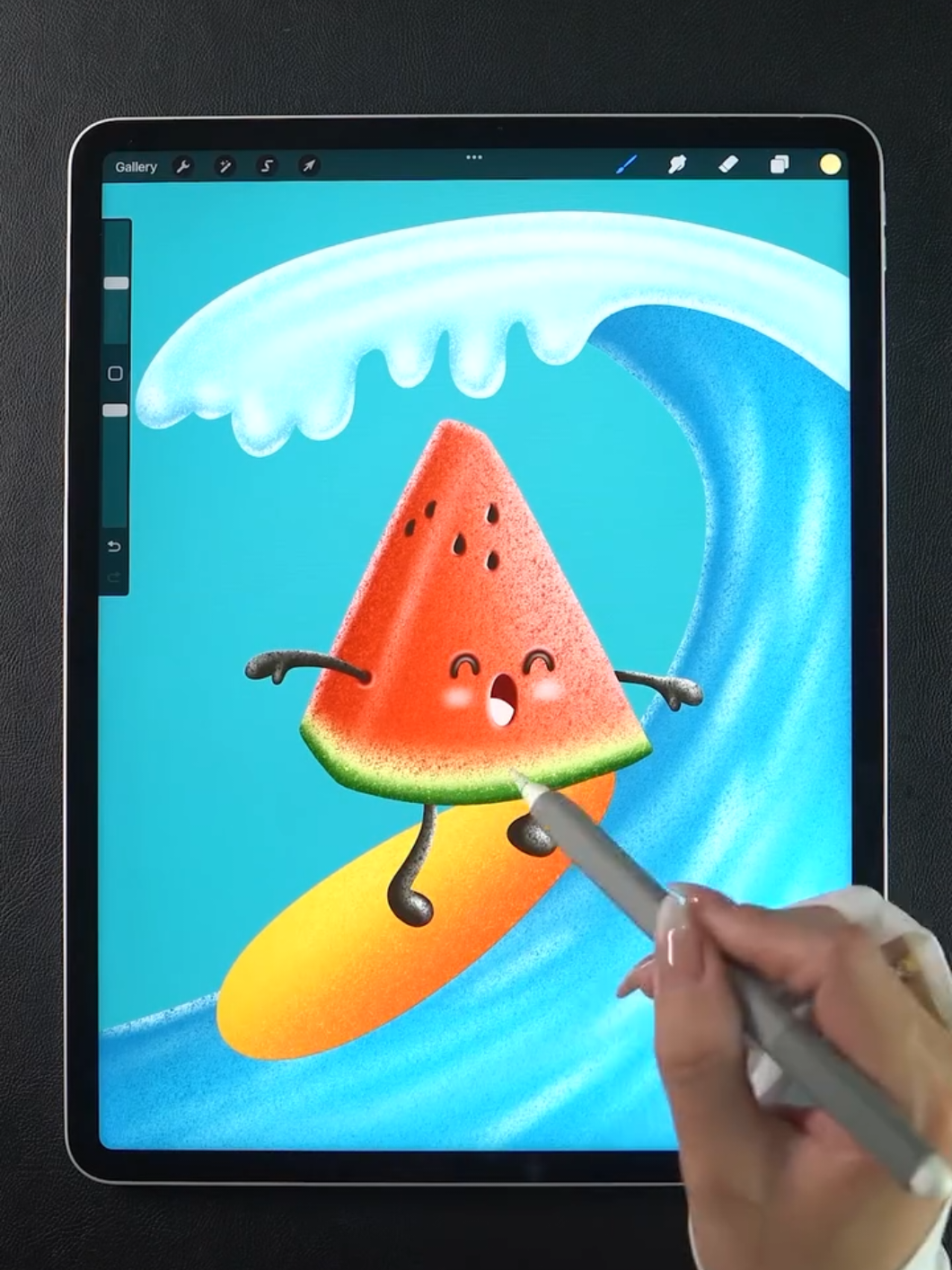 A post by @procreate.brushset on TikTok caption: Surfing watermelon  High Quality Brush, Available Link in bio ✍️🤩 #illustration #howtodraw #digitalart #drawing #procreate #tutorials #painting 