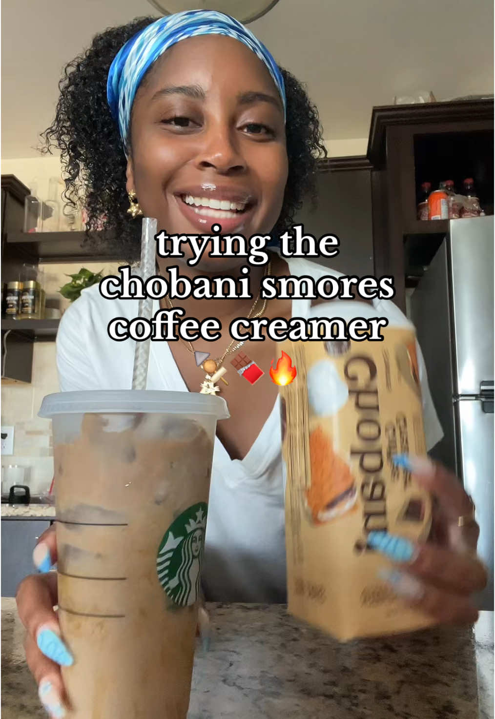 A post by @kmaeleee on TikTok caption: FINALLY got my hands on the chobani s’mores creamer!!! Just as yummy as I remember @Chobani <3  #chobanicreamer #icedcoffeerecipe #icedcoffeeathome 