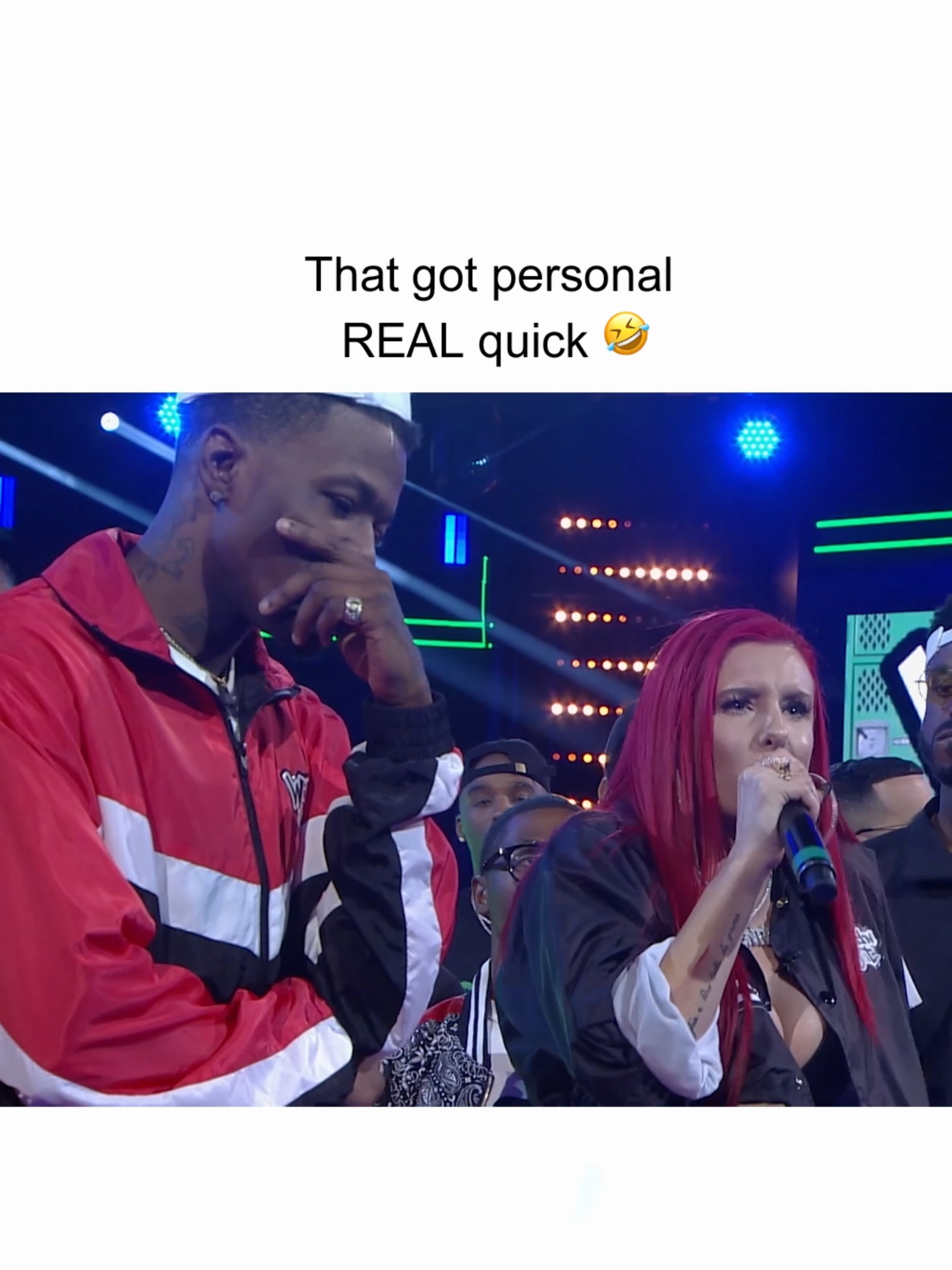A post by @wildnout on TikTok caption: She just exposed his whole routine 🤣 #WildNOut #wildstyle #dcyoungfly #justinavalentine #wildstylequeen #jokes #funny #roast #roasted #lol
