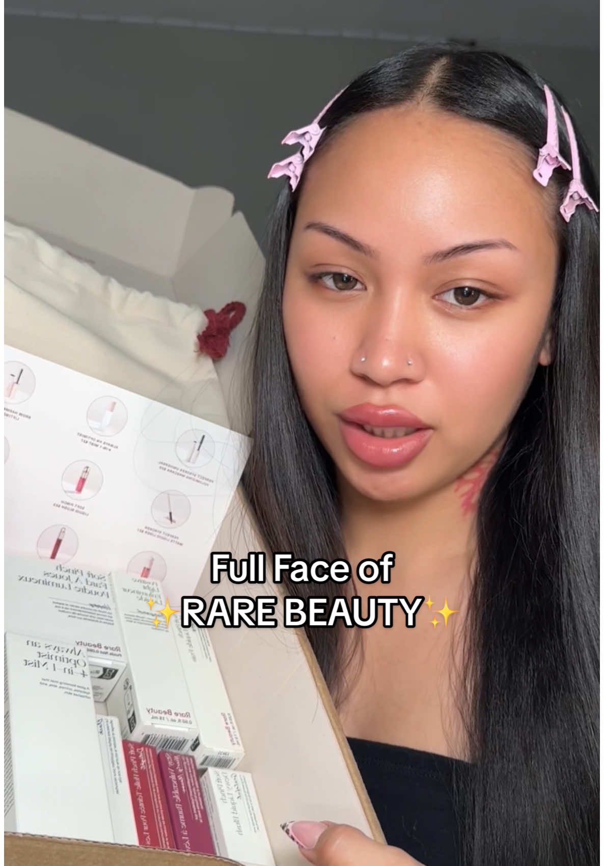 A post by @theangelamae on TikTok caption: ILY @Rare Beauty @Selena Gomez #makeup #grwm #beauty #MakeUpTips #makeuphacks #prhaul #prunboxing 
