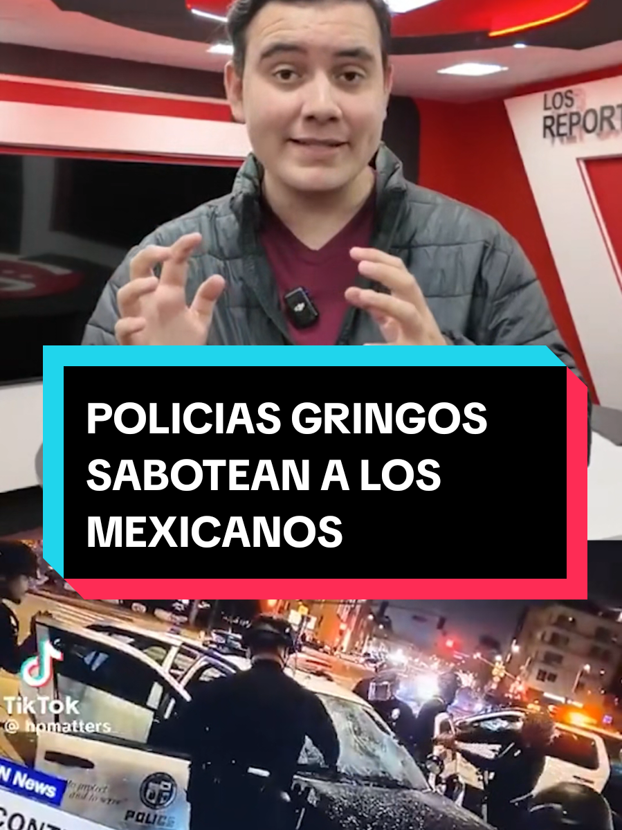 A post by @manuelpedrerooficial on TikTok caption: POLICIAS GRINGOS ROMPEN SUS PROPIAS PATRULLAS Y CULPAN A LOS MEXICANOS | MANUEL PEDRERO 
