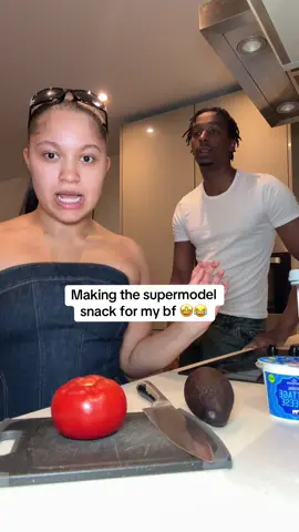 A post by @mudyandshamy on TikTok caption: How to make the super model snack🤩 I think he lowkey liked it😂#tiktoksnacks #snackideas #cottagecheese #supermodel #weirdfoodcombos 