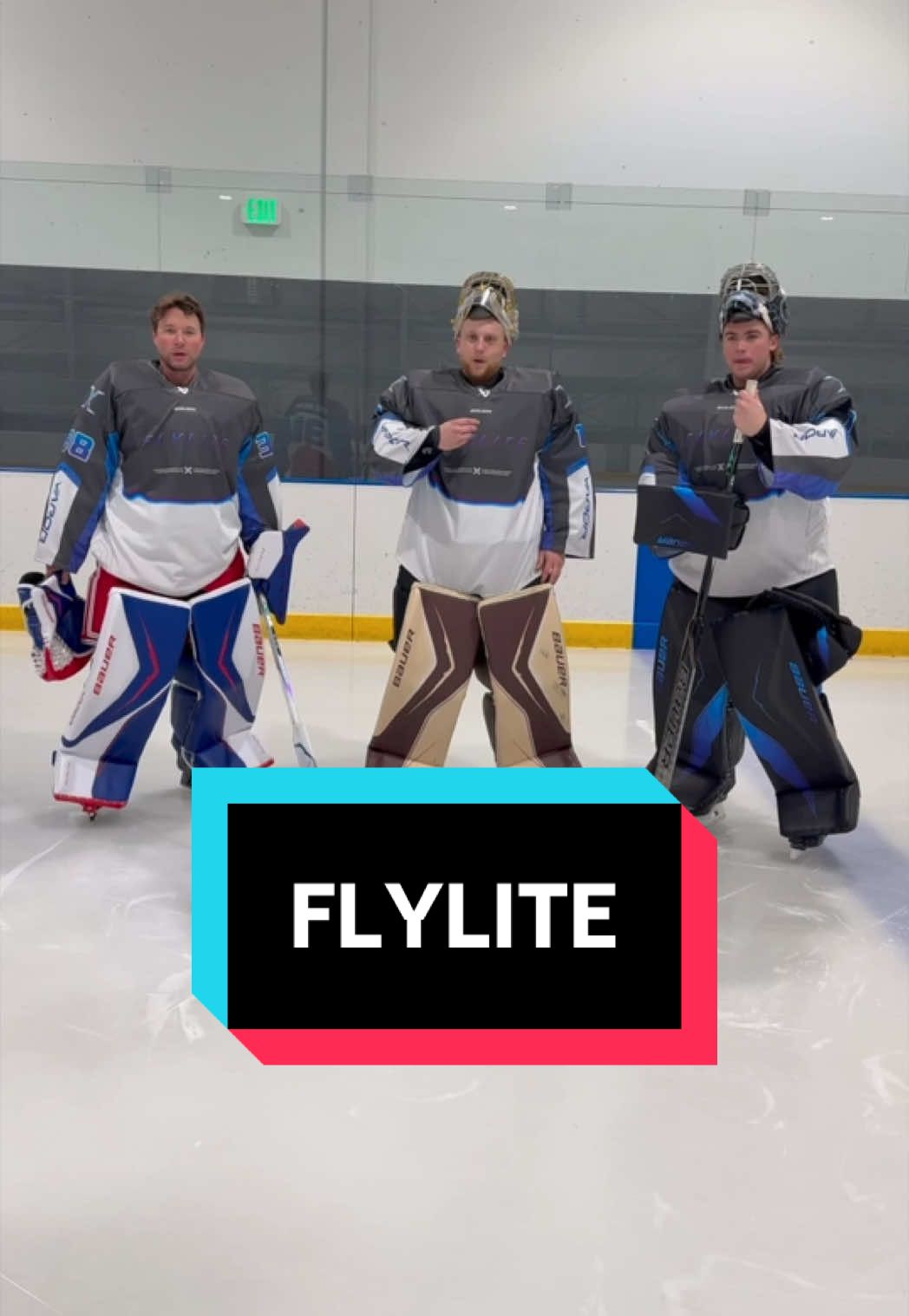 A post by @nickthegoalie_1 on TikTok caption: Going through our new @BAUER Hockey FlyLite gear with @K V G and Jacob Fowler 🏒 