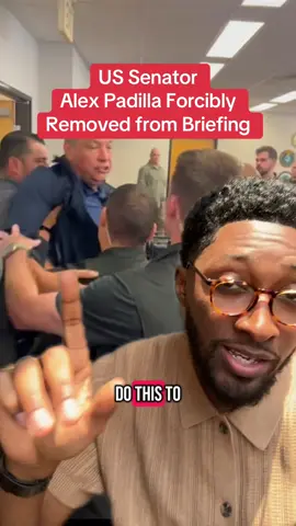 A post by @garrisonhayes on TikTok caption: In a statement from Senator Alex Padilla’s office his staff reports that the senator is “not currently detained” Padilla was there for a briefing and was listening to Noem’s presser and started shouting a question when he was forcibly removed by federal agents. This is disturbing. #greenscreenvideo #greenscreen 