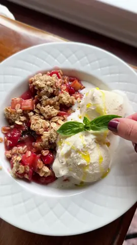A post by @kristenfaith_eats on TikTok caption: POV: you’re craving a sweet treat. strawberry basil rhubarb crisp 🍓 #strawberryrhubarb #rhubarb #strawberry #strawberrydessert #dessertrecipe #summerrecipes #yum #fyp 