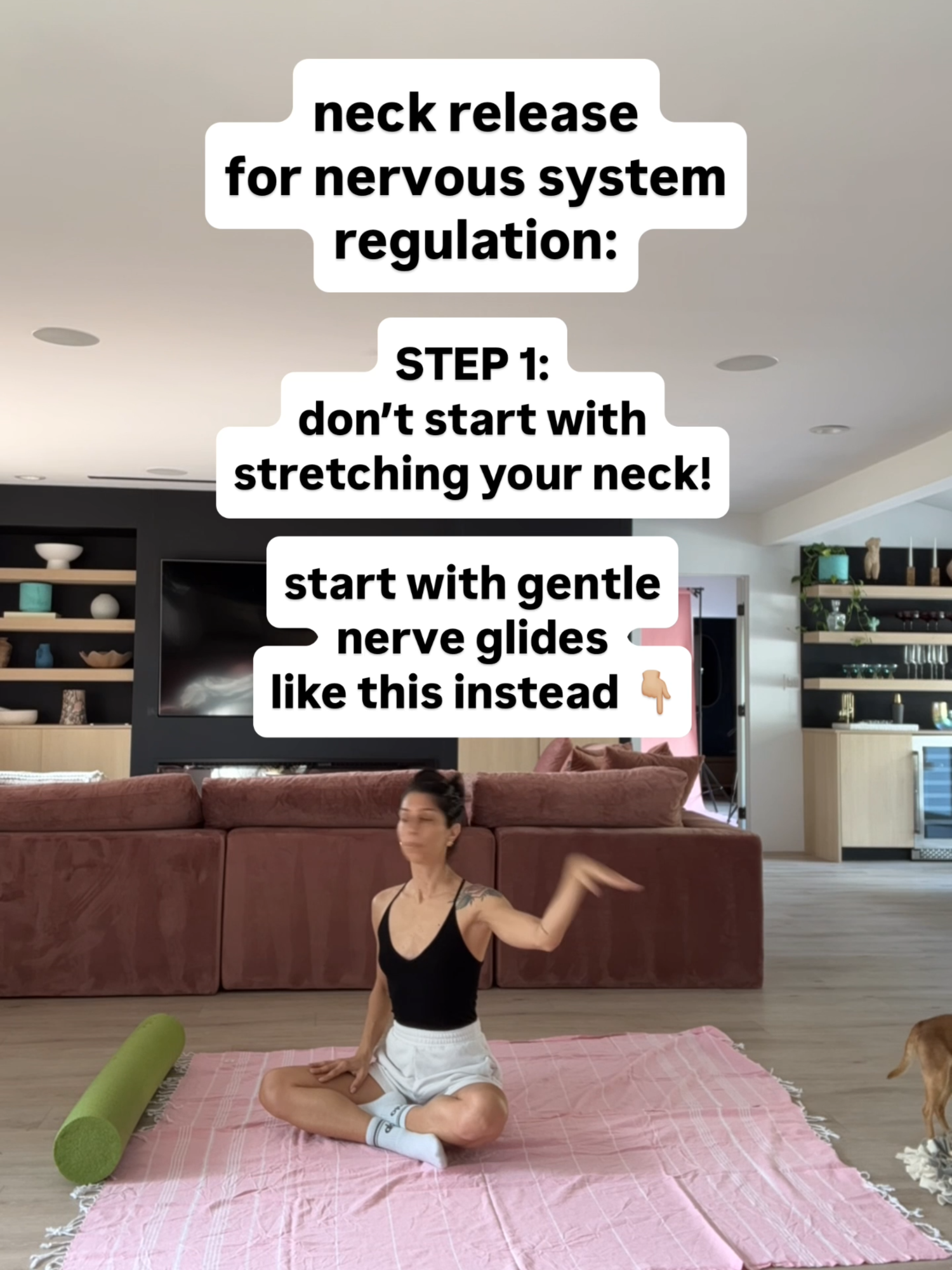 A post by @theworkoutwitch on TikTok caption: get daily relief routines like this right on your phone 💖✌🏼💖  Somatic Healing Club 🔗 on profile ✨t#somatichealing #somatic #somatics #therapeutic #stressrelief #neckrelief #emotionalrelease #traumarelease #traumahealing #chronicstress #stressrelease #unprocessedemotions #neckrelease