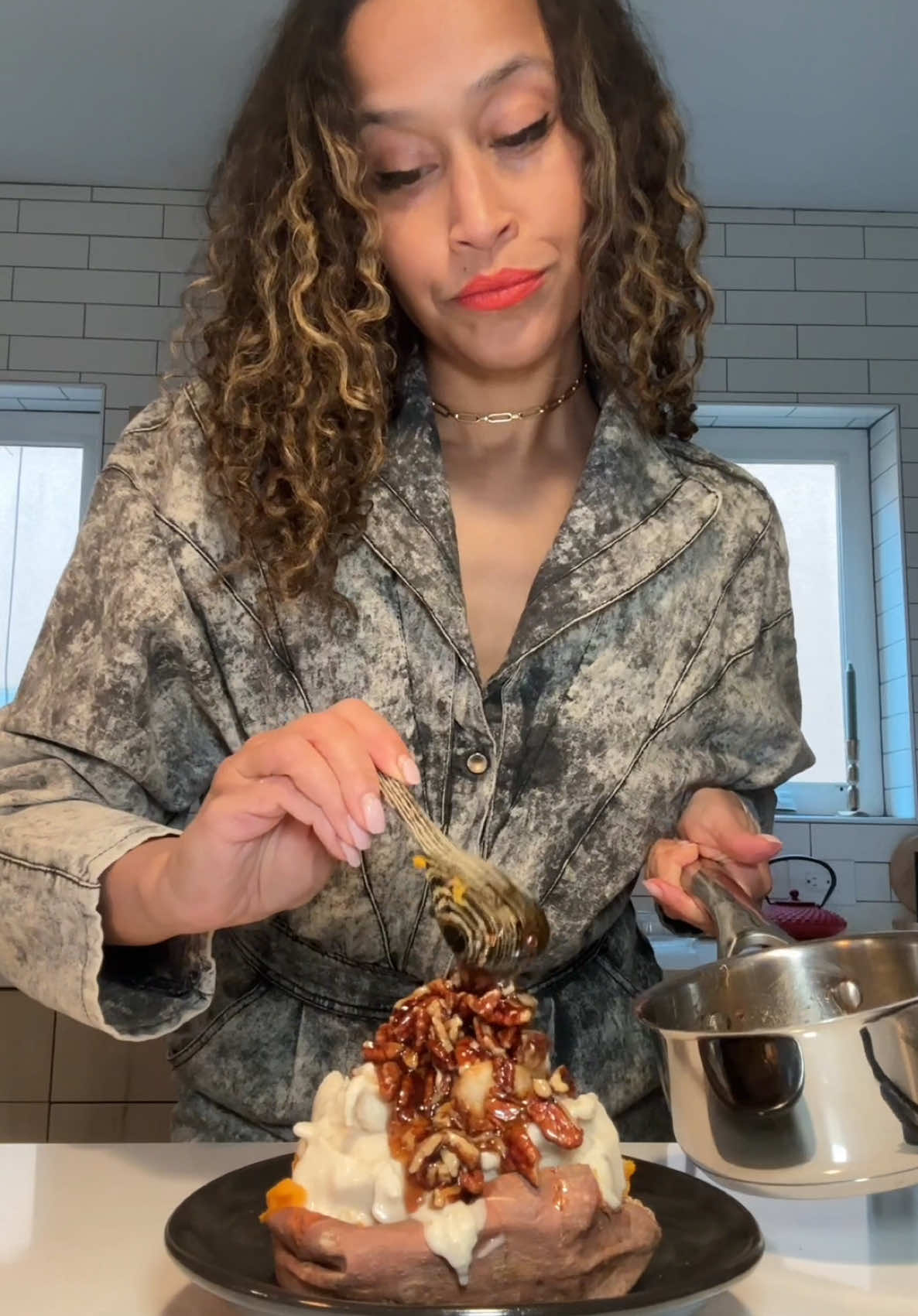 A post by @thejenjones on TikTok caption: Sweet potato split! Glowing skin by @nevéll_skin/ Coffee Infused coffee oil! Grab your bottle at nevellskin.com  #plantbasedrecipes #healthyrecipes #easyrecipes 