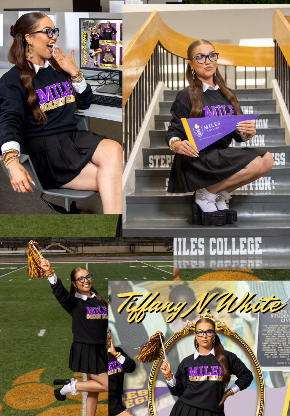 A post by @tiffanynicolewhite on TikTok caption: Home of Southern Beauty 🐻💜💛  Photography: @framesfromabtoyou  Graphics: @ShopVividVisuals  Crewneck: @Craftedbysamaria  #milescollege #goldenbears #collegedecision #businessadminstration #birminghamalabama #fyp 