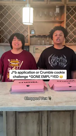 A post by @vexbolts on TikTok caption: J*b application vs crumble cookie challenge with prime shlat and chopped vex #vexbolts #chopped #choppedhouse 