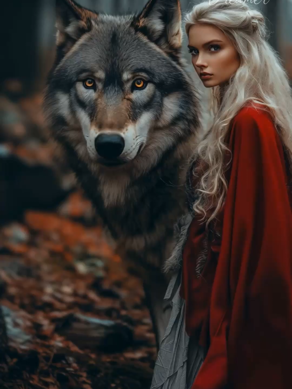 A post by @irur_dreamer on TikTok caption: Red Riding Hood and Wolf🐺 #wolf #wolves #friend #story  #wolfcub #wolfpack  #redridinghood #fairytale #fyp #foryoupagе  #irur_dreamer #KlingAI #kreatewithKling @Kling AI 