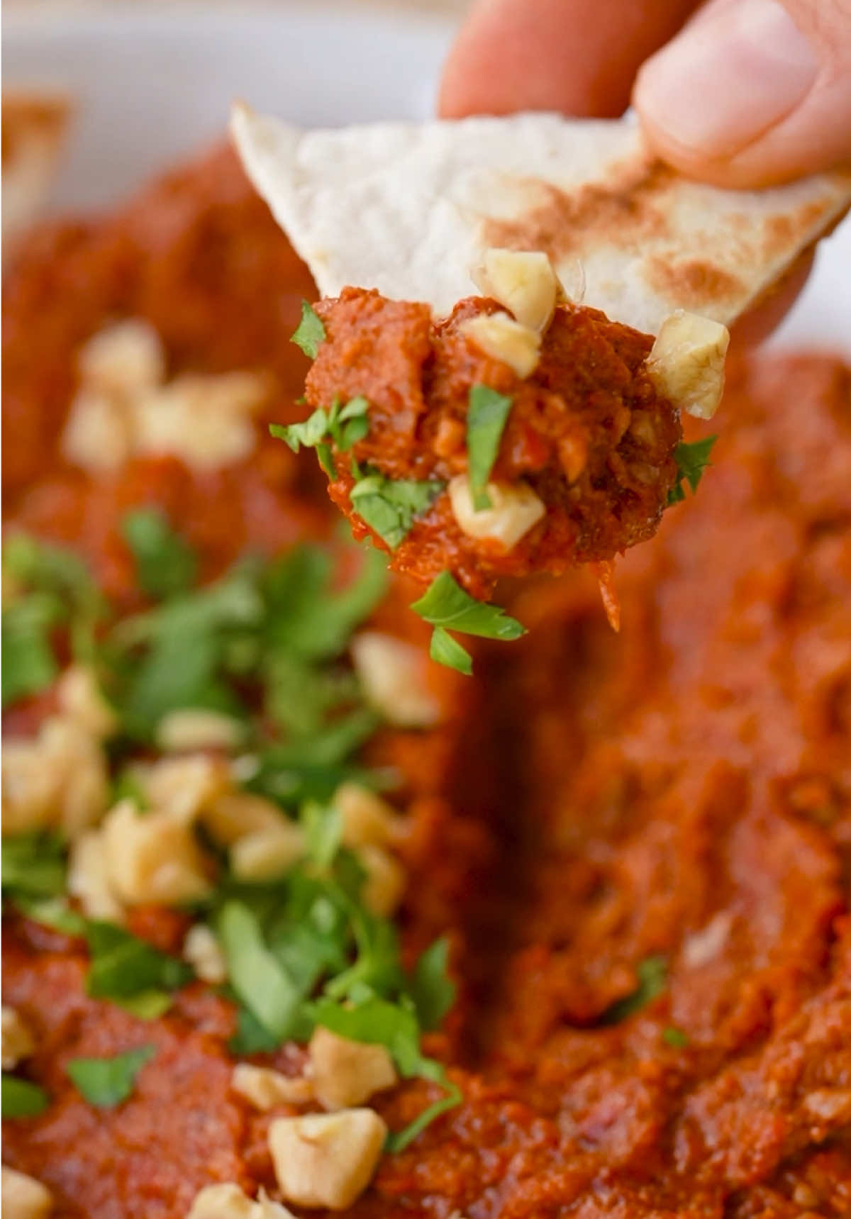 A post by @nefisyemektarifleri on TikTok caption: Şipşak Meze: Muhammara 😋 Malzemeler 6 adet kapya biber 2 dilim bayat ekmek 1 diş sarımsak Yarım su bardağı ceviz Yarım çay bardağı zeytinyağı (60 ml) 1 yemek kaşığı nar ekşisi 1 yemek kaşığı biber salçası 1 yemek kaşığı domates salçası 1 tatlı kaşığı kimyon 1 çay kaşığı karabiber Yarım çay kaşığı tuz Hazırlanışı Öncelikle fırın tepsisine ızgaraları yerleştirelim. Kapya biberlerimizin üzerine bıçakla delikler açarak tepsiye dizelim. Önceden ısıtılmış 200 °C fırında, fanlı üst ızgara ayarında 20 dakika kadar közleyelim. Biberler közlenirken bayat ekmekleri ufalayalım. Közlenen biberlerimizin kabuklarını soyalım ve rondodan geçirerek karıştırma kabına alalım. Üzerine biber salçası, domates salçası, zeytinyağı, nar ekşisi, bayat ekmek, ceviz, kimyon, karabiber, tuz ve ezilmiş sarımsağı ekleyerek güzelce karıştıralım. Hazır olan muhammarayı servis tabağına alalım. Maydanoz ve ceviz kırıkları ile süsleyerek servis edelim. Afiyet olsun! #nefisyemektarifleri #nefisyemektariflerinden #tarif #tarifler #bugünnepişirsem #food #cooking #recipe #recipetok #TiktokMutfağı