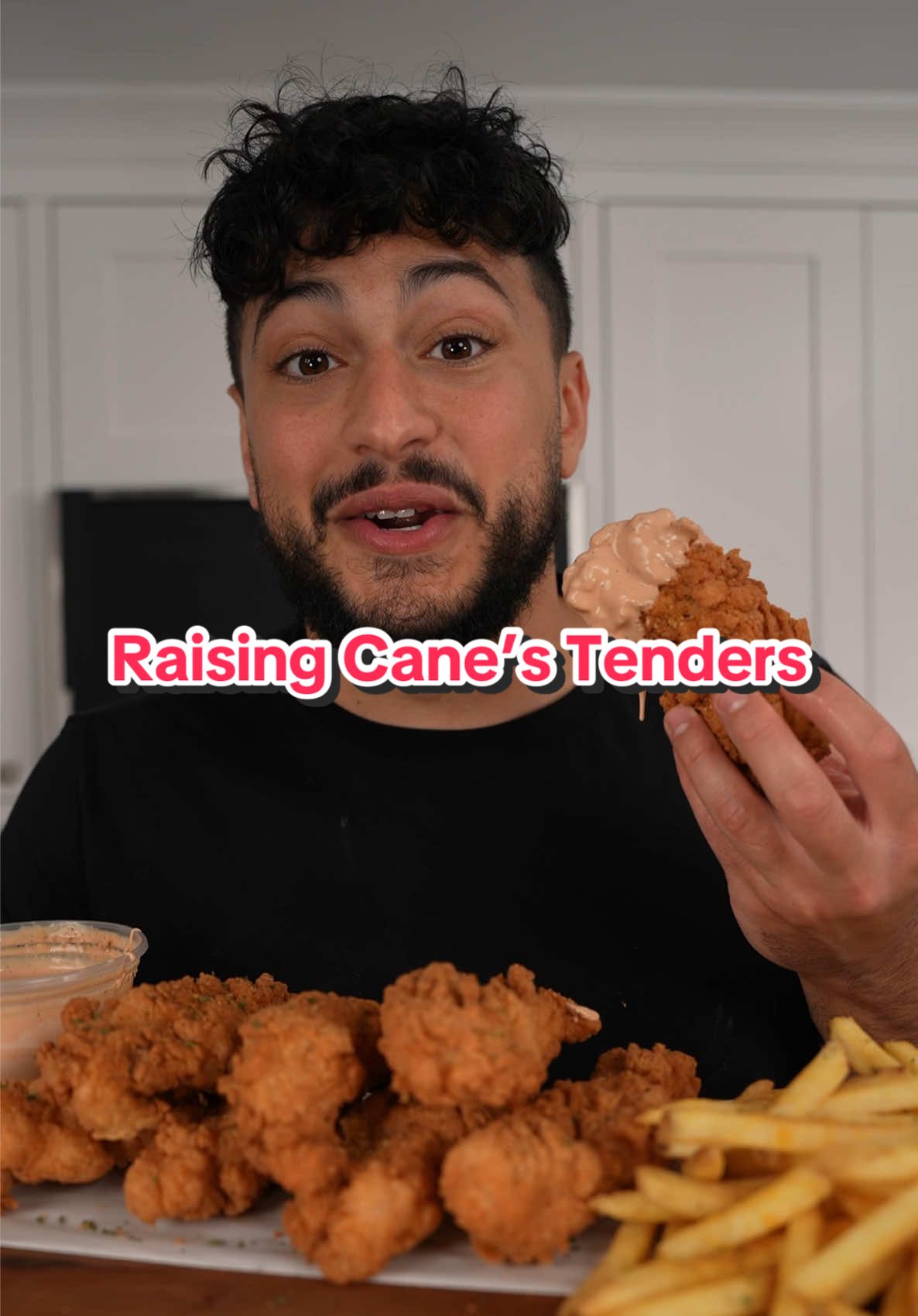 A post by @thegoldenbalance on TikTok caption: Raising Cane’s Style Chicken Tenders 🤩 Recipe:  For 10 chicken tenders: 10 chicken tenderloins (~1.5lbs) 2 cups butter milk  1/4 cup hot sauce  1 tbsp paprika, garlic, & chili powder Optional: 2 tbsp pickle juice  Dry batter:  2 cups self rising flour (or AP flour and baking powder) 2/3 cup corn starch  1 tbsp paprika, garlic, & chili powder Sauce: 1 cup mayo  1 cup ketchup  1/4 cup Worcestershire  Salt, pepper, garlic (to taste) (I did 1tsp each) 