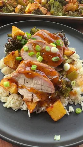 A post by @cookinginthemidwest on TikTok caption: #sponsored Making a super easy sheet pan meal from Aldi using @Subway Sweet Onion Teriyaki sauce!  INGREDIENTS Teriyaki pork tenderloin 1 head of broccoli, chopped  1 onion, chopped  3 green bell peppers, chopped  Olive oil Salt, pepper, garlic powder, and smoked paprika  1 small pineapple, chopped  Subway’s Sweet Onion Teriyaki sauce  2-3 green onions, chopped  INSTRUCTIONS  Start by chopping the broccoli, onions, peppers, and a pineapple into chunks.  Add all veggies to a sheet pan. Add some olive oil and season well with salt, pepper, garlic powder, and smoked paprika. Add the chunks of pineapple and stir everything together well.  Add the pork tenderloin to the middle of the sheet pan. Smoke on a smoker at 375 degrees F for about 45 minutes or until the veggies are cooked how you like them and the pork tenderloin temps at 145 degrees F.  Pour Subway’s Sweet Onion Teriyaki Sauce over the pork tenderloin and place it back on the smoker for just a couple of minutes for the sauce to tack up.  Slice the pork tenderloin into thin slices and serve with the veggies and pineapple over white rice. Top with chopped green onions and more of Subway’s Sweet Onion Teriyaki Sauce. Enjoy!  OVEN DIRECTIONS  This sheet pan meal can bake in an oven at 375 degrees F for about 45 minutes or until the pork tenderloin reaches an internal temp of at least 145 degrees F and the veggies are cooked how you like them! Cooking times can vary depending on how big the pork tenderloin is. Mine was just over 1 lb!  #subway #subwaysauce #easyrecipes #sheetpanmeal #smokerrecipes 