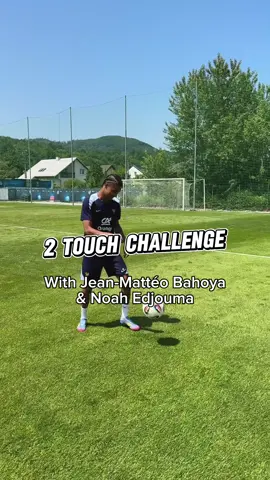 A post by @equipedefrance on TikTok caption: Two touch challenge with Jean-Mattéo Bahoya and Noah Edjouma! ✨ #SportsTikTok #Football #EquipeDeFrance #Bahoya #Edjouma #Skills #challenge #U21 #Espoirs 