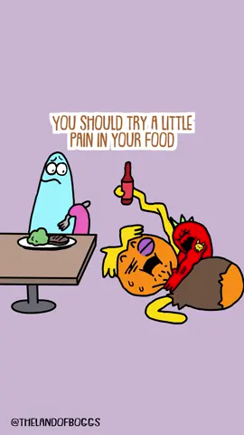 A post by @thelandofboggs on TikTok caption: spicy food is painful... #boggs #animation #spicy #spicyfood