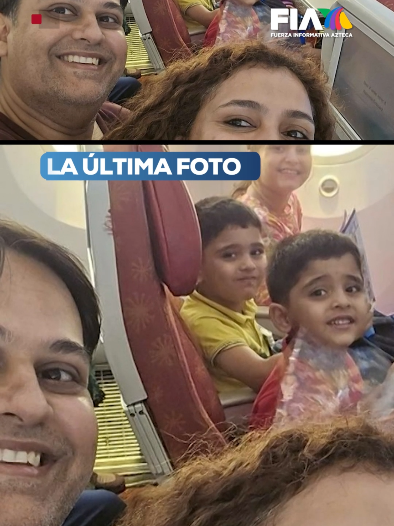 A post by @aztecanoticias on TikTok caption: ✈️ Esta fue la última foto de una familia a bordo del vuelo AI-171. La doctora Komi Vyas y sus tres hijos viajaban rumbo a Londres para vivir con su esposo tras varios años de espera. Era el comienzo de una nueva vida… pero nunca llegaron a destino. Hoy, esta imagen guarda el eco de un sueño que no pudo ser. 🖤 @ottomtz con la información en #HechosAM #AztecaNoticias #FIA #Noticias #News #Vuelos #India #HistoriasQueDuelen #TragediaAérea