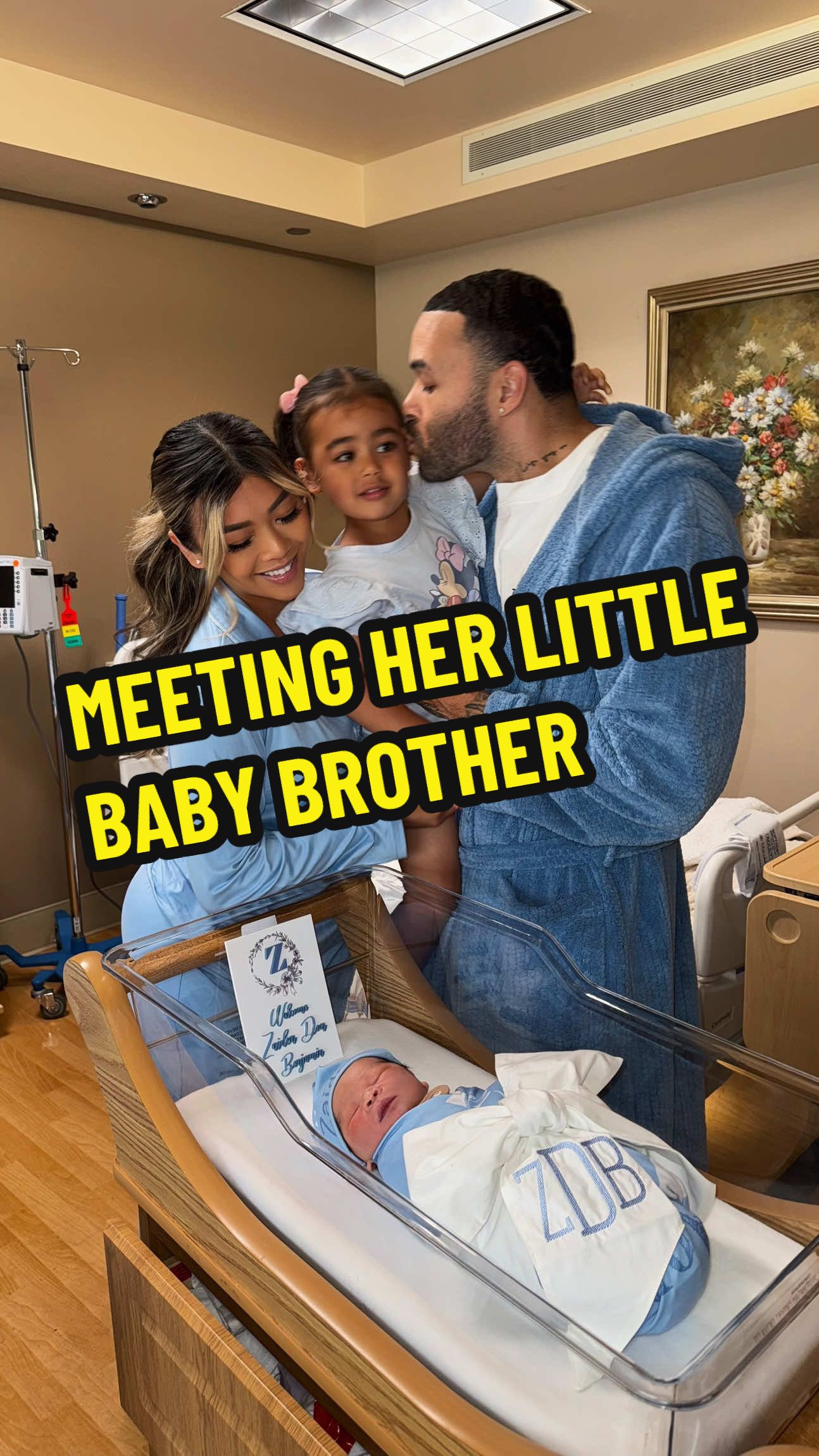 A post by @lianev on TikTok caption: We’ve been waiting for this moment 🥹 Introducing our daughter Zaia to her baby brother Zaiden 🩵  #family #newborn 