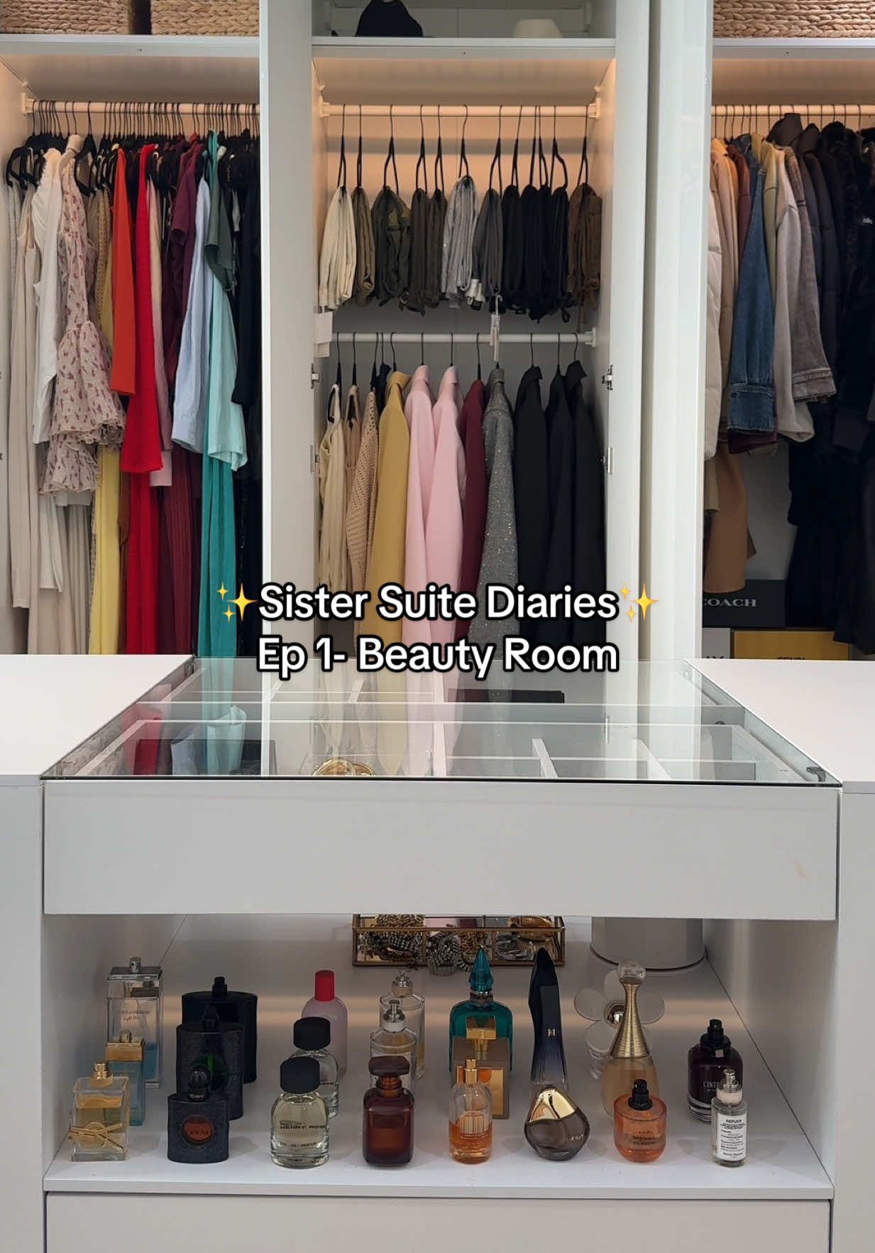 A post by @makenzieandmalia on TikTok caption: Introducing ✨The Sister Suite Diaries✨ where we turn our townhouse into a real-life vision board! Kicking things off with Episode 1: a full transformation of our beauty/content/closet room. Let the makeover begin! #SisterSuiteDiaries #HomeMakeover #InteriorDesign