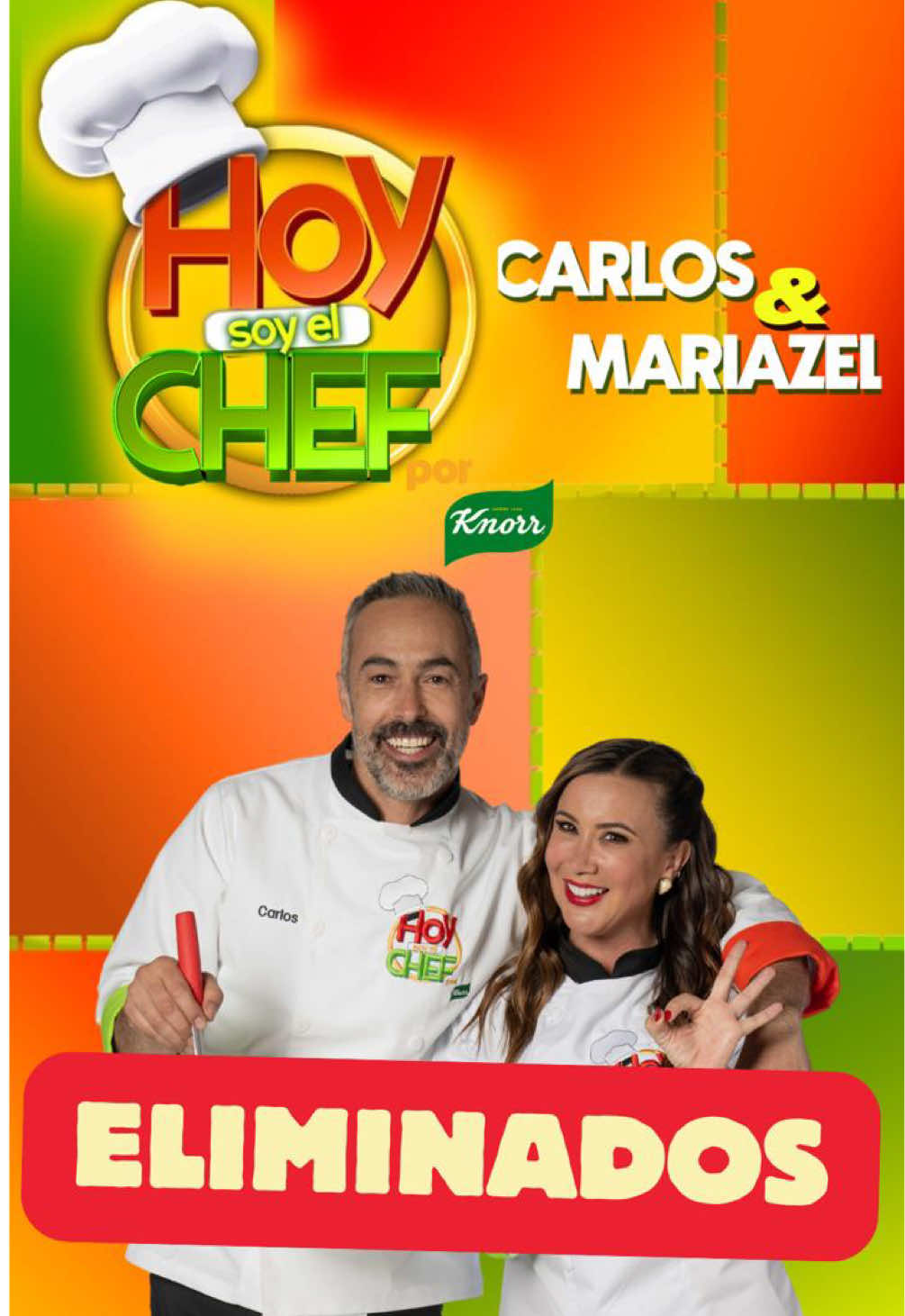 A post by @programa_hoy on TikTok caption: ¡Los eliminados de #HoySoyElChef son…. @Mariazel y @Carlos Arenas ! Los queremos mucho, gracias por todo 🥹✨ 